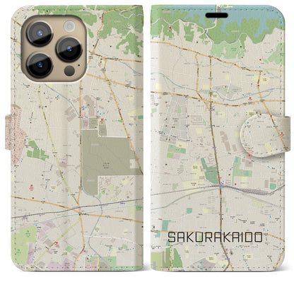 【桜街道（東京都）】地図柄iPhoneケース（手帳タイプ）ナチュラル・iPhone 14 Pro Max 用