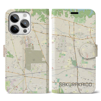 【桜街道（東京都）】地図柄iPhoneケース（手帳タイプ）ナチュラル・iPhone 14 Pro 用
