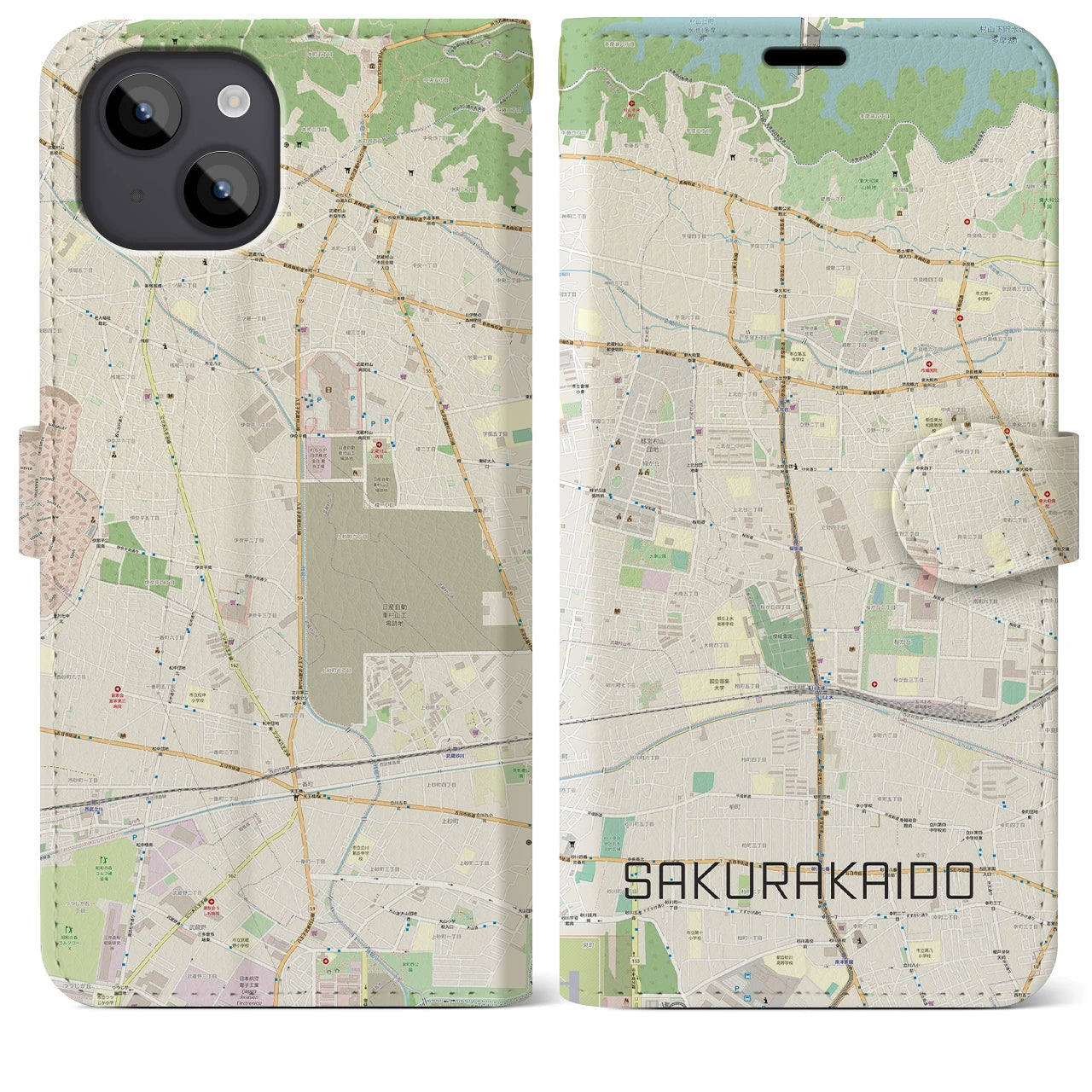 【桜街道】地図柄iPhoneケース（手帳両面タイプ・ナチュラル）iPhone 14 Plus 用