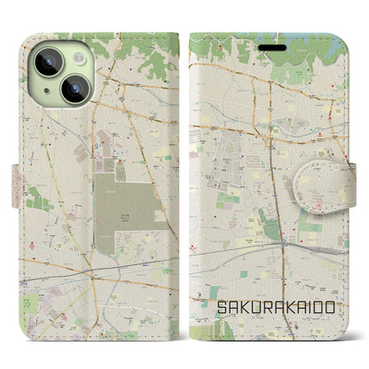 【桜街道（東京都）】地図柄iPhoneケース（手帳タイプ）ナチュラル・iPhone 15 用