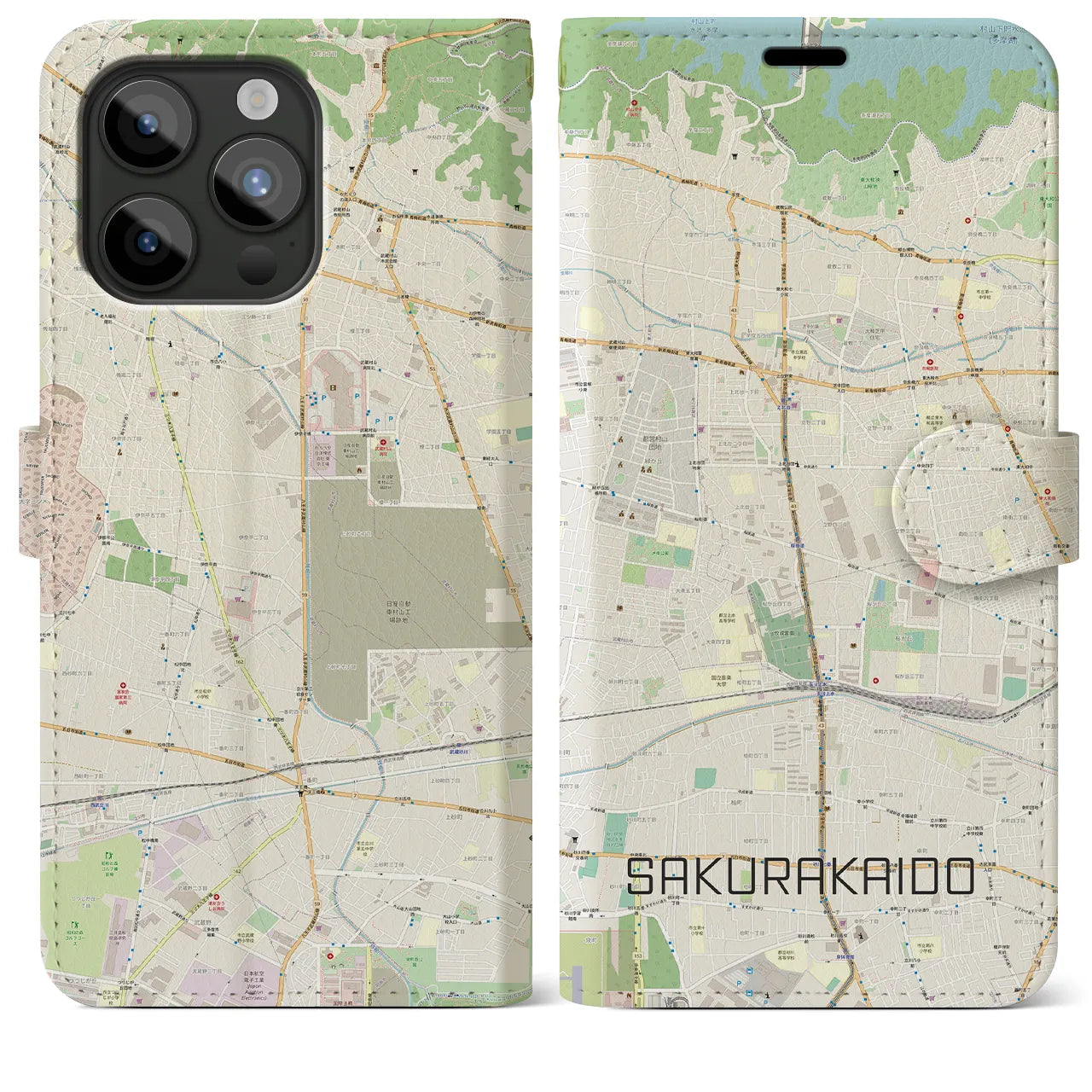 【桜街道】地図柄iPhoneケース（手帳両面タイプ・ナチュラル）iPhone 15 Pro Max 用