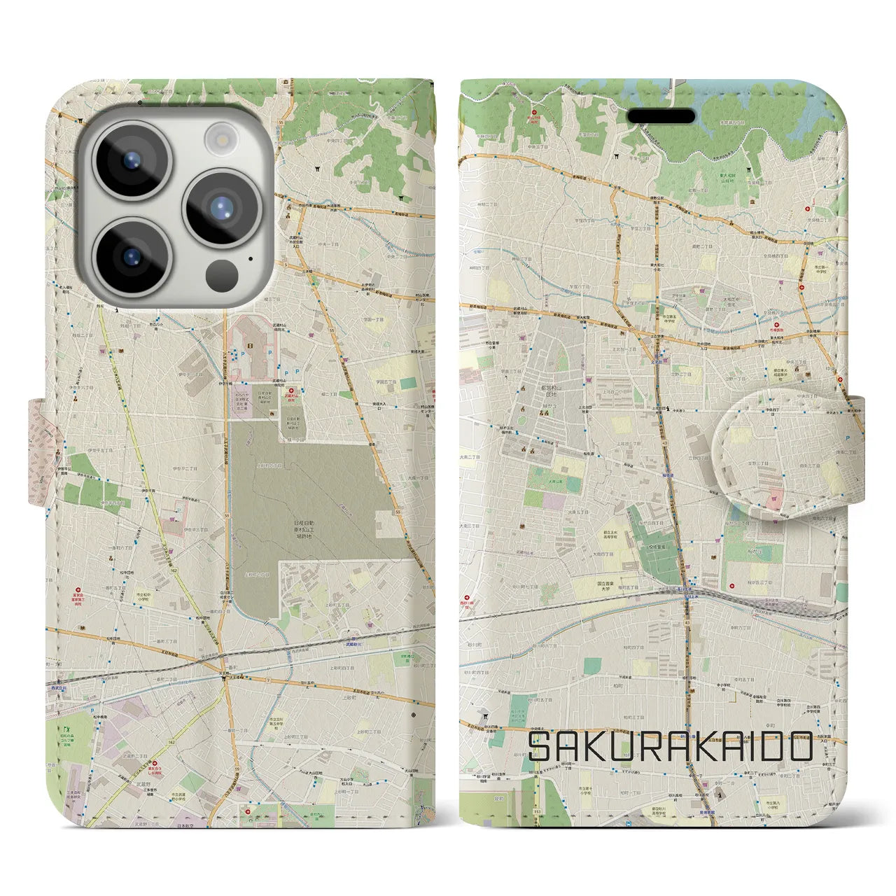 【桜街道】地図柄iPhoneケース（手帳両面タイプ・ナチュラル）iPhone 15 Pro 用