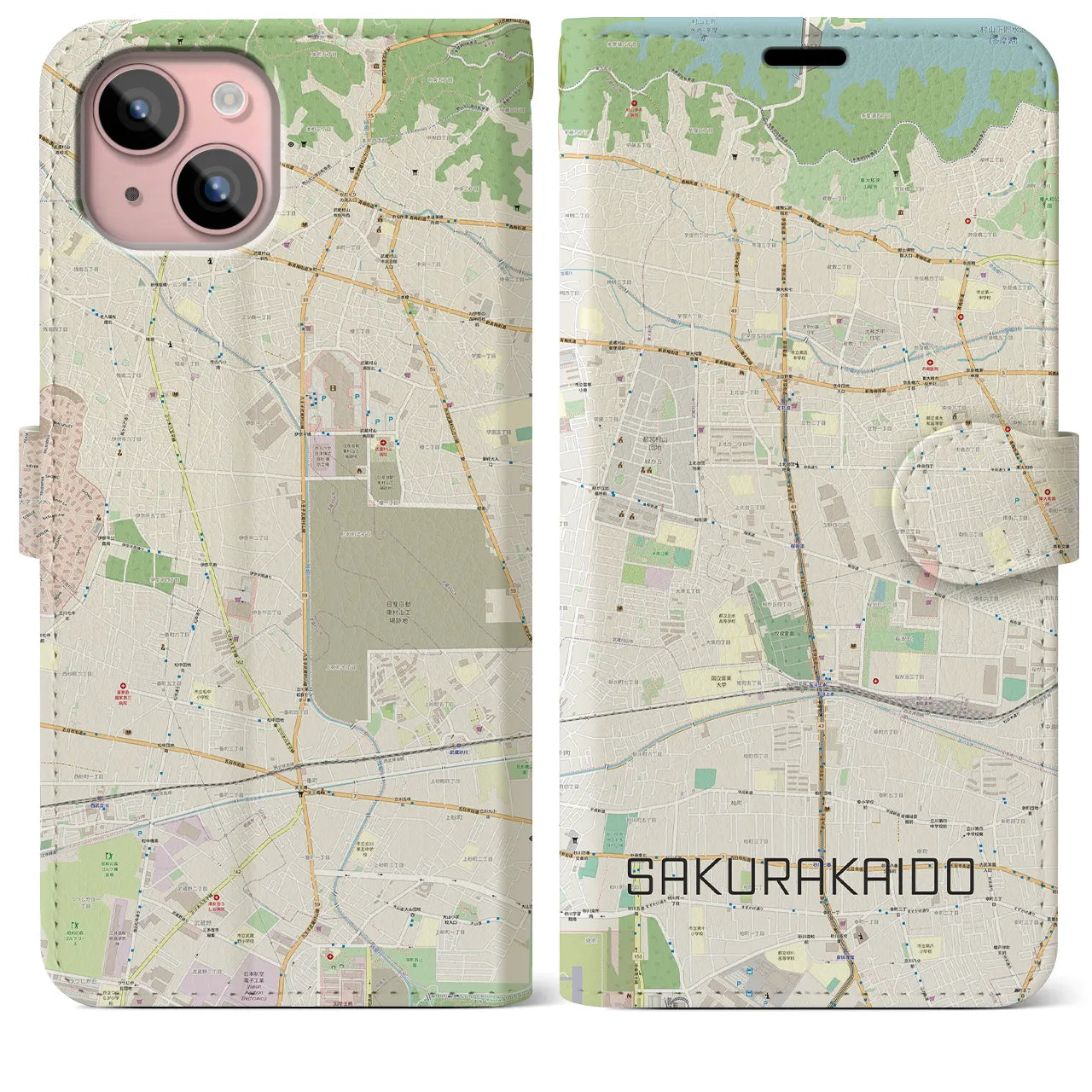 【桜街道】地図柄iPhoneケース（手帳両面タイプ・ナチュラル）iPhone 15 Plus 用