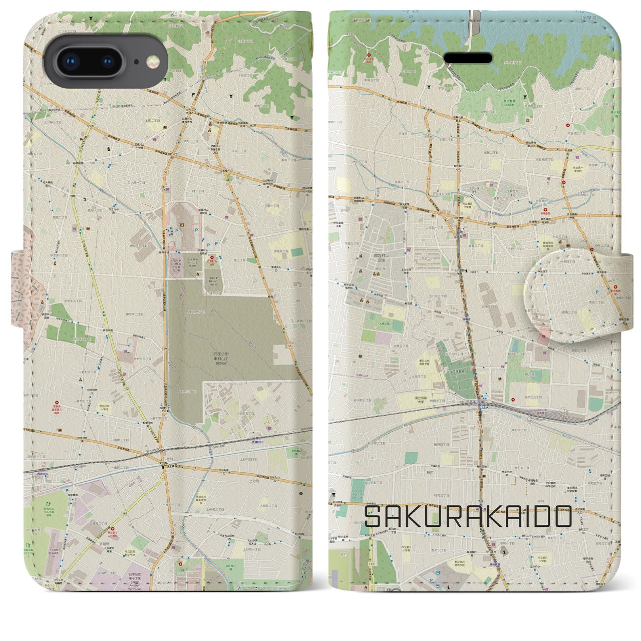 【桜街道】地図柄iPhoneケース（手帳両面タイプ・ナチュラル）iPhone 8Plus /7Plus / 6sPlus / 6Plus 用