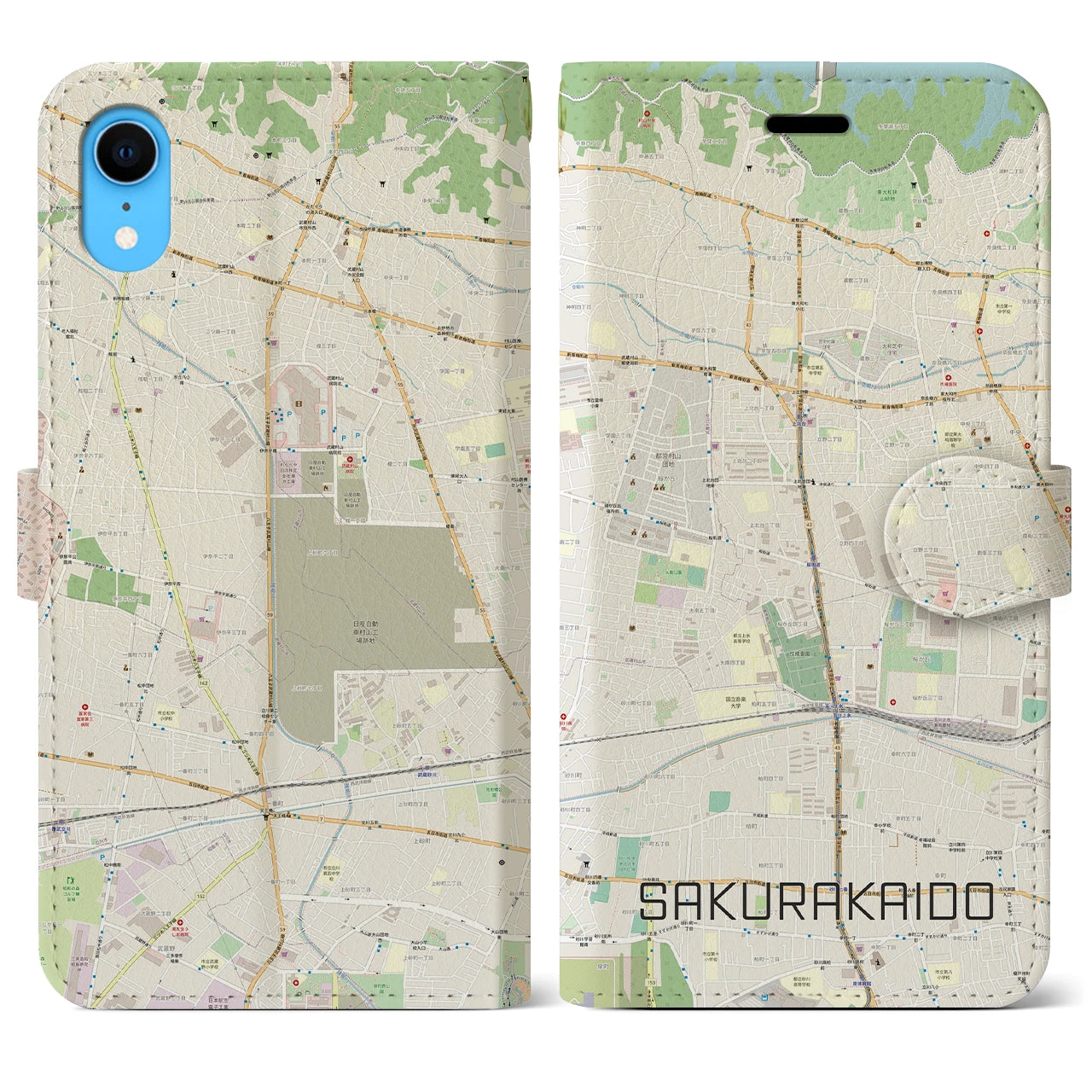 【桜街道】地図柄iPhoneケース（手帳両面タイプ・ナチュラル）iPhone XR 用