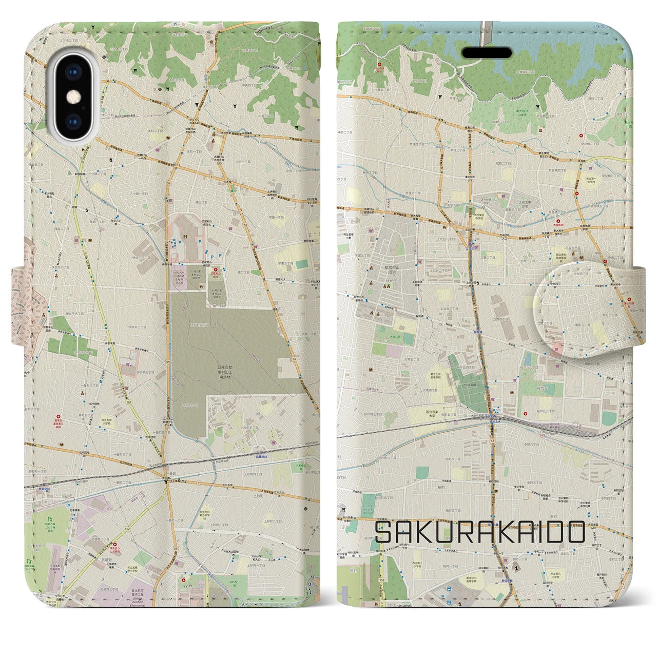 【桜街道】地図柄iPhoneケース（手帳両面タイプ・ナチュラル）iPhone XS Max 用