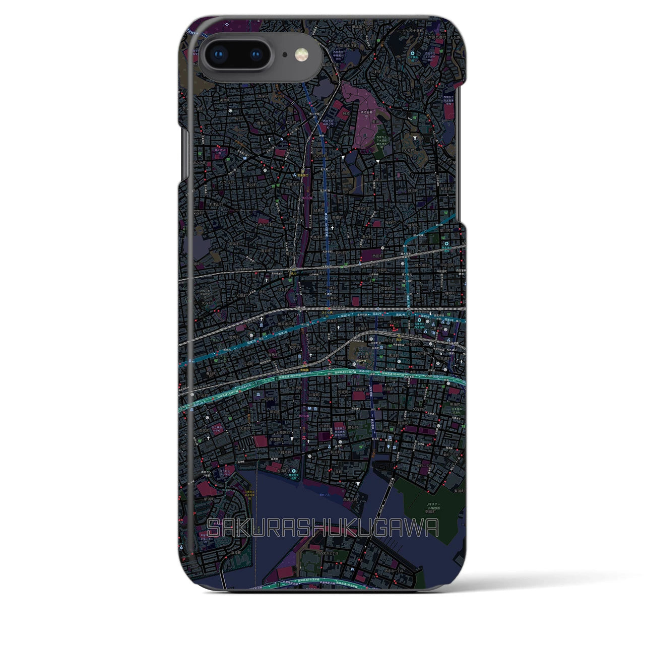 【さくら夙川】地図柄iPhoneケース（バックカバータイプ・ブラック）iPhone 8Plus /7Plus / 6sPlus / 6Plus 用