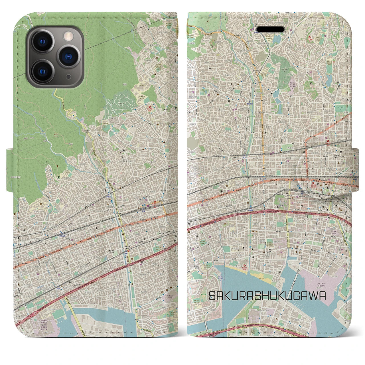 【さくら夙川】地図柄iPhoneケース（手帳両面タイプ・ナチュラル）iPhone 11 Pro Max 用
