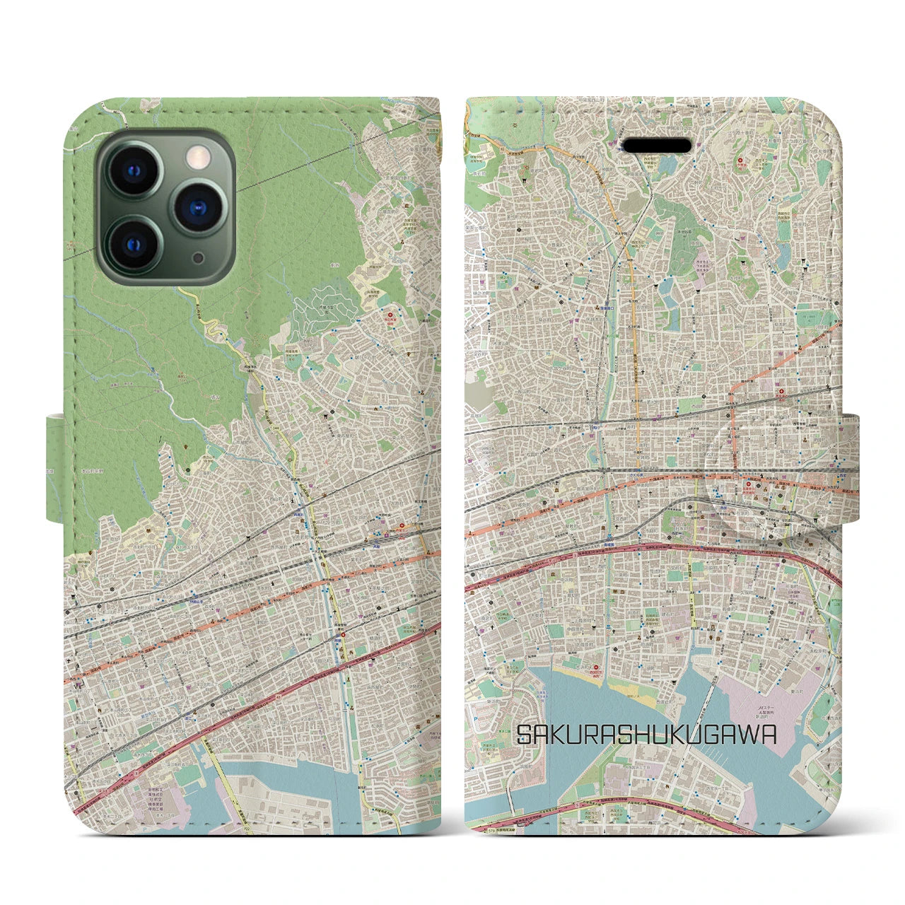 【さくら夙川】地図柄iPhoneケース（手帳両面タイプ・ナチュラル）iPhone 11 Pro 用