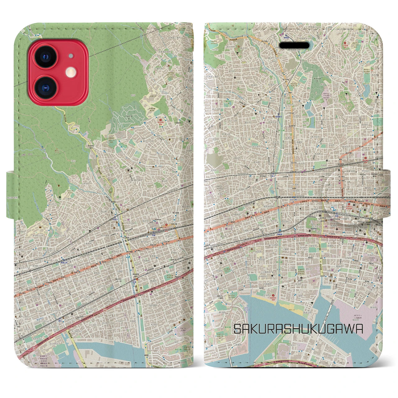 【さくら夙川】地図柄iPhoneケース（手帳両面タイプ・ナチュラル）iPhone 11 用