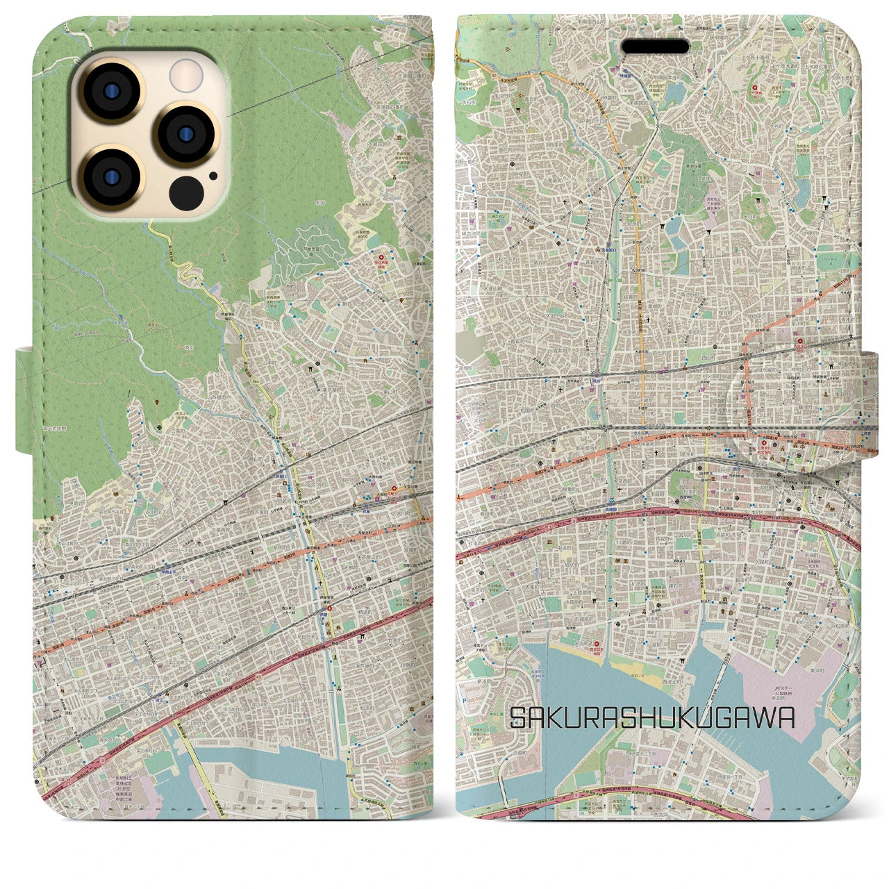 【さくら夙川】地図柄iPhoneケース（手帳両面タイプ・ナチュラル）iPhone 12 Pro Max 用