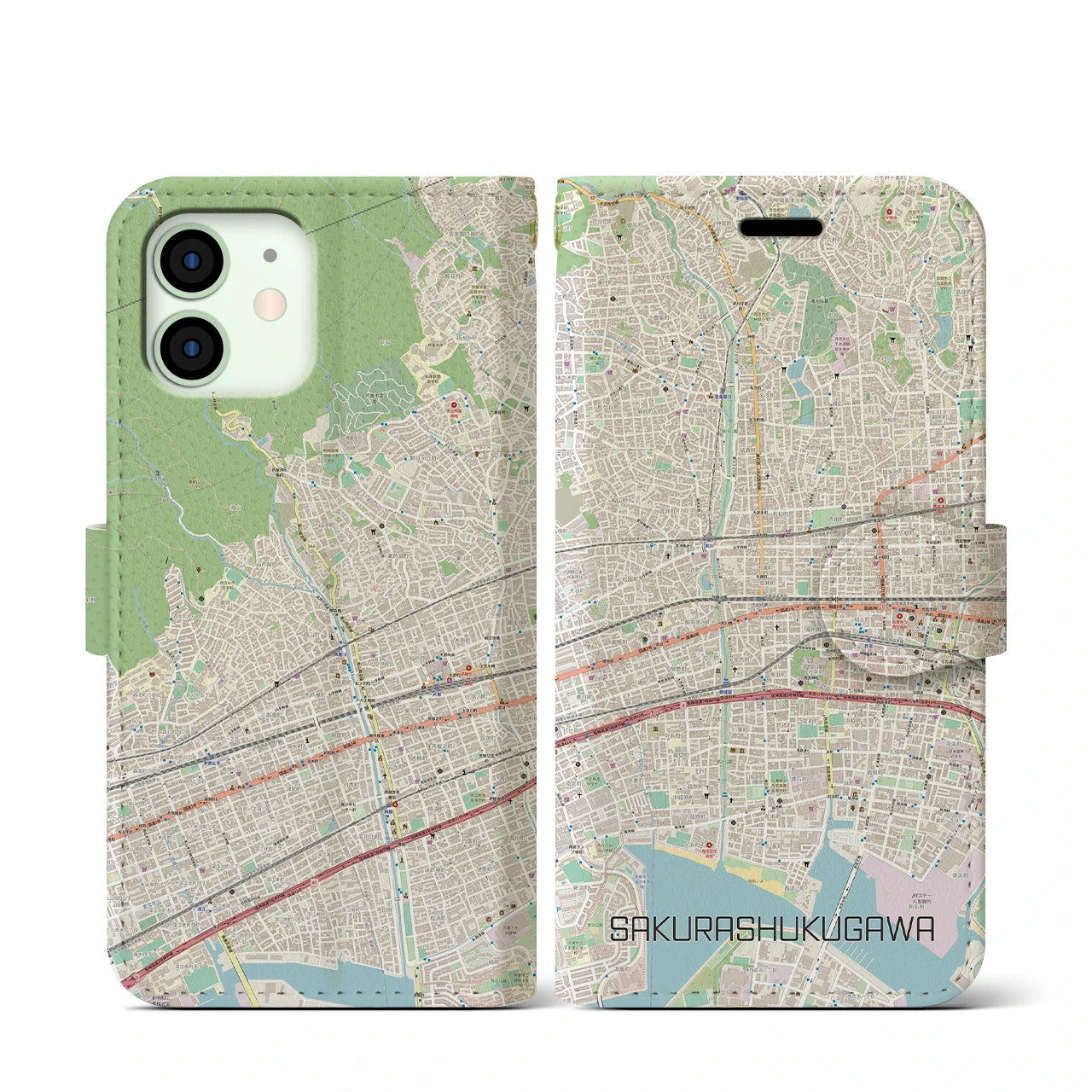 【さくら夙川】地図柄iPhoneケース（手帳両面タイプ・ナチュラル）iPhone 12 mini 用