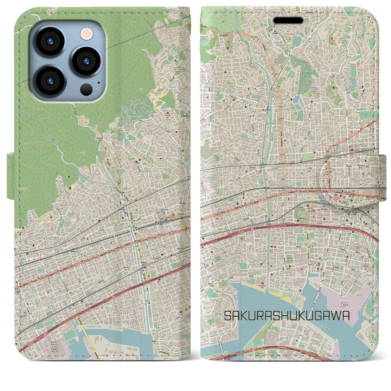 【さくら夙川】地図柄iPhoneケース（手帳両面タイプ・ナチュラル）iPhone 13 Pro Max 用