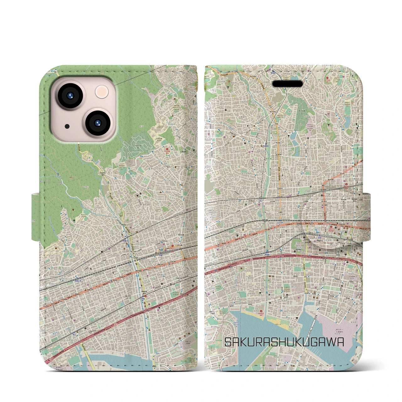 【さくら夙川】地図柄iPhoneケース（手帳両面タイプ・ナチュラル）iPhone 13 mini 用