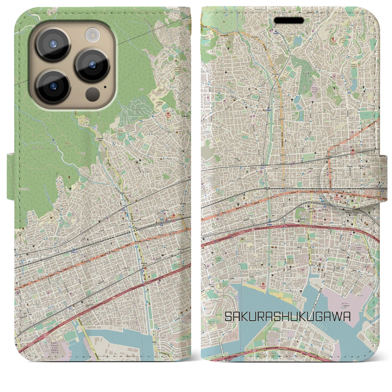 【さくら夙川】地図柄iPhoneケース（手帳両面タイプ・ナチュラル）iPhone 14 Pro Max 用