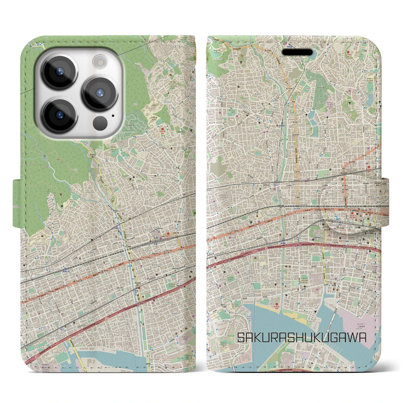 【さくら夙川】地図柄iPhoneケース（手帳両面タイプ・ナチュラル）iPhone 14 Pro 用