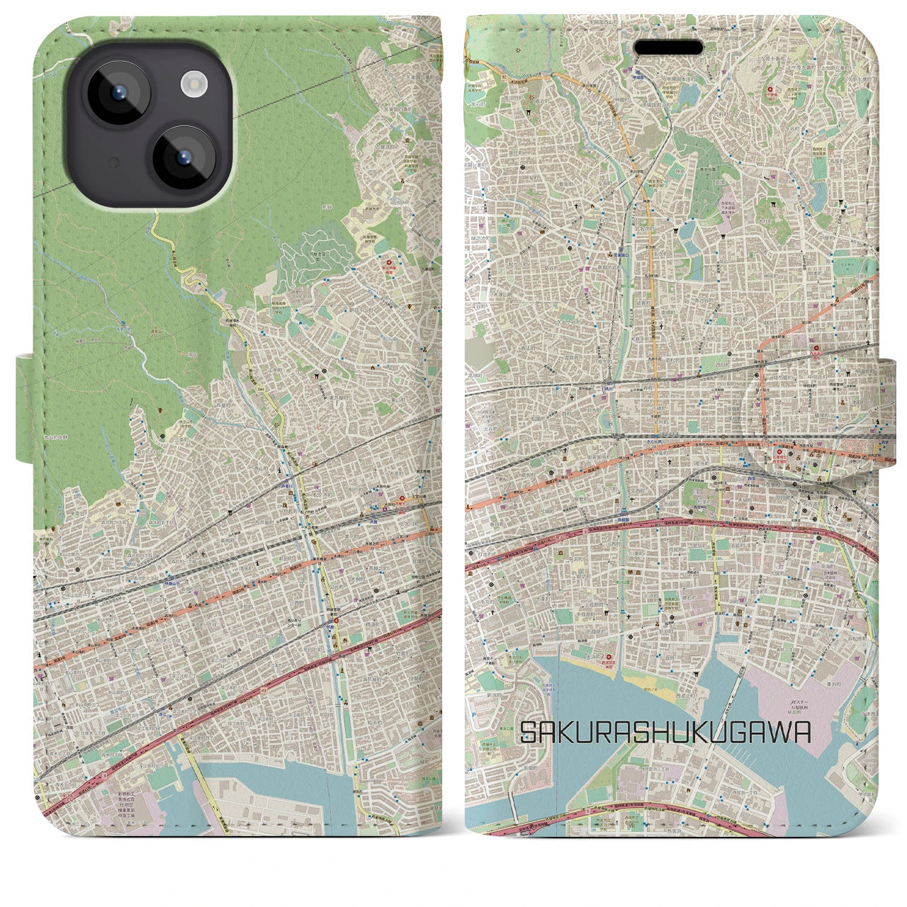 【さくら夙川】地図柄iPhoneケース（手帳両面タイプ・ナチュラル）iPhone 14 Plus 用