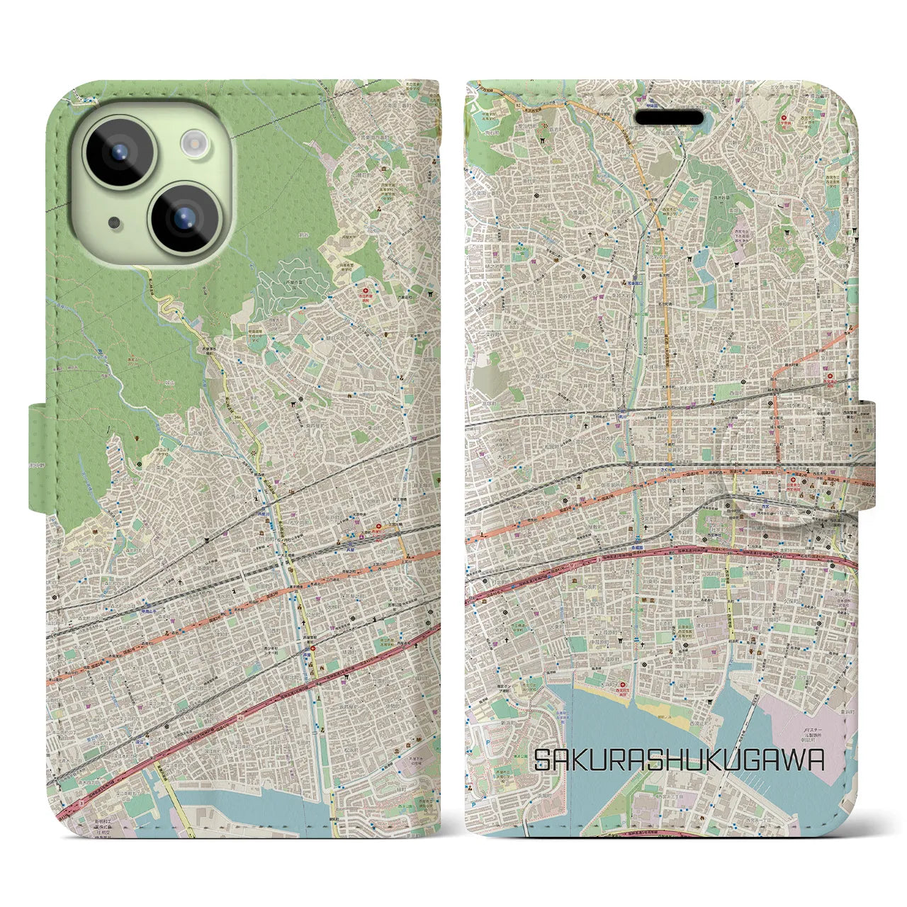 【さくら夙川】地図柄iPhoneケース（手帳両面タイプ・ナチュラル）iPhone 15 用