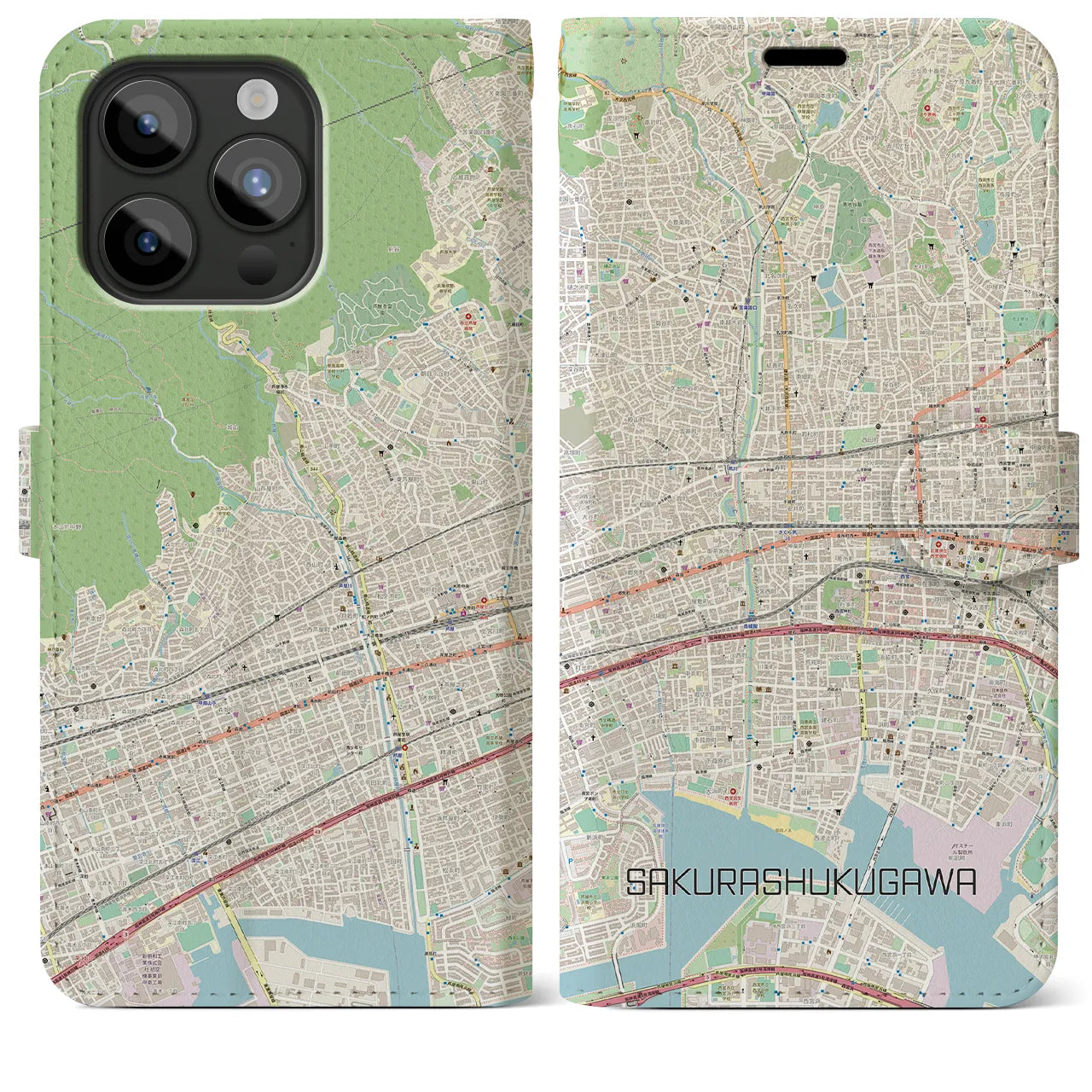 【さくら夙川】地図柄iPhoneケース（手帳両面タイプ・ナチュラル）iPhone 15 Pro Max 用