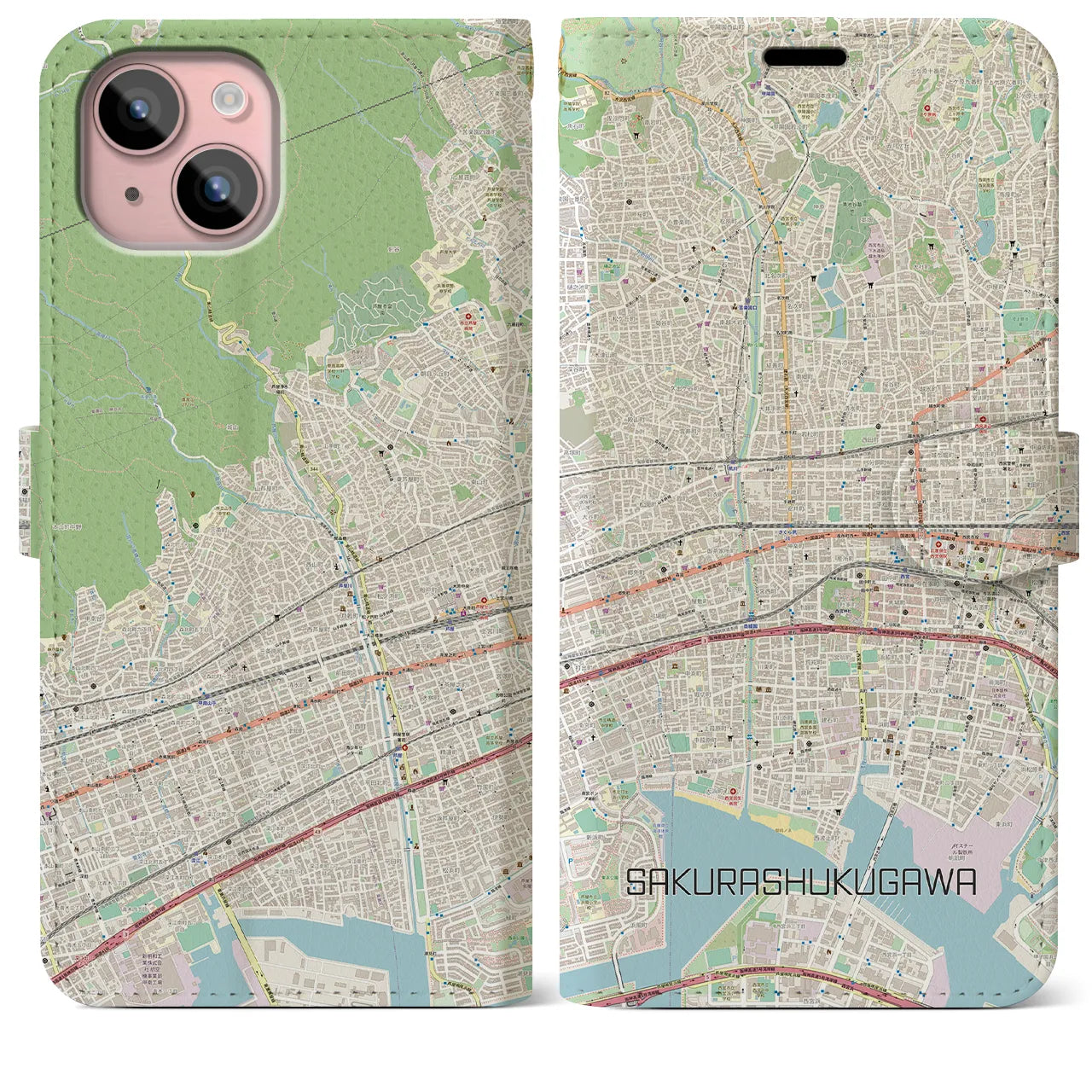 【さくら夙川】地図柄iPhoneケース（手帳両面タイプ・ナチュラル）iPhone 15 Plus 用
