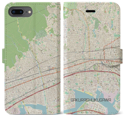 【さくら夙川（兵庫県）】地図柄iPhoneケース（手帳タイプ）ナチュラル・iPhone 8Plus /7Plus / 6sPlus / 6Plus 用