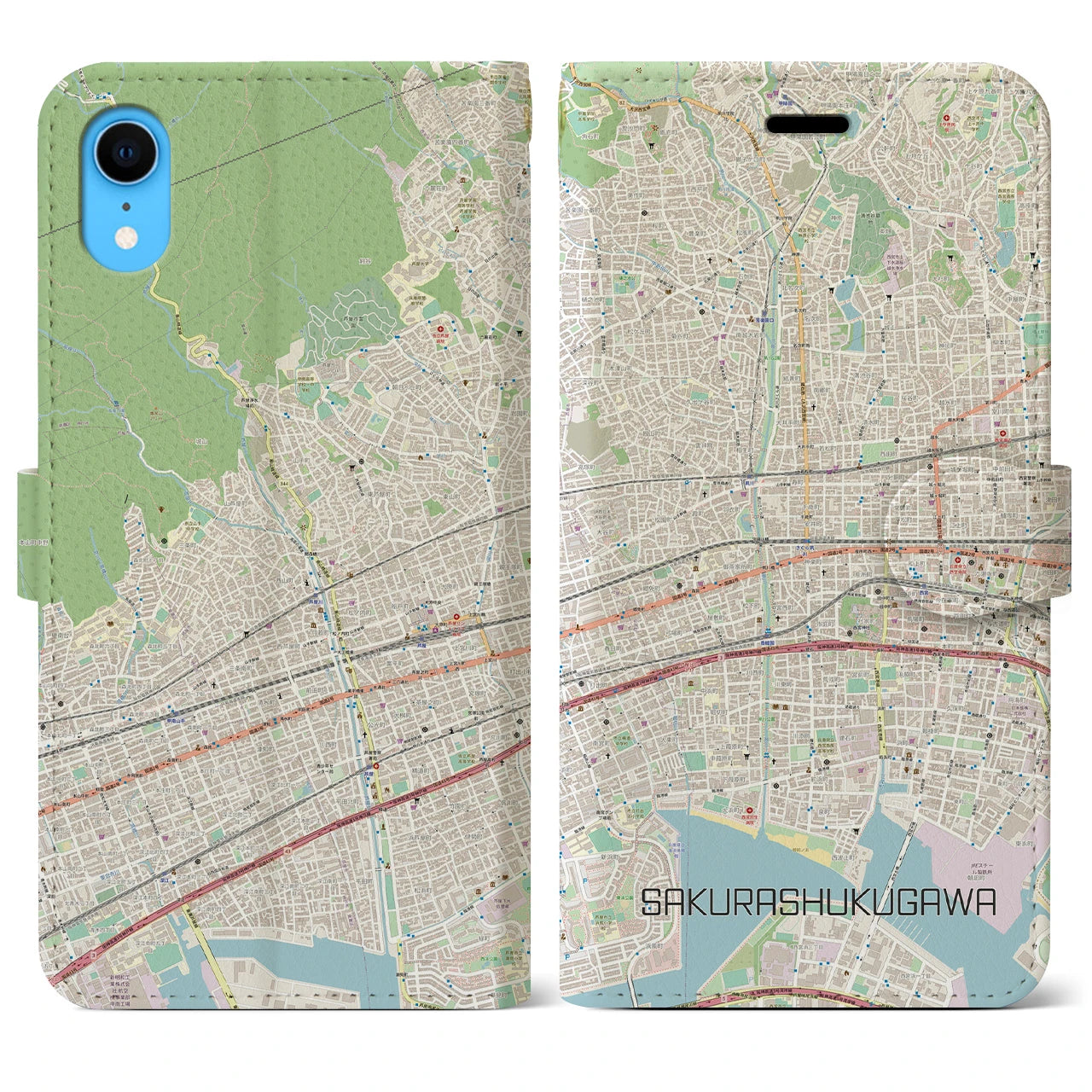 【さくら夙川】地図柄iPhoneケース（手帳両面タイプ・ナチュラル）iPhone XR 用