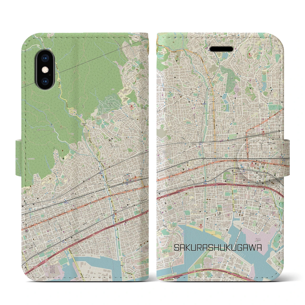 【さくら夙川】地図柄iPhoneケース（手帳両面タイプ・ナチュラル）iPhone XS / X 用