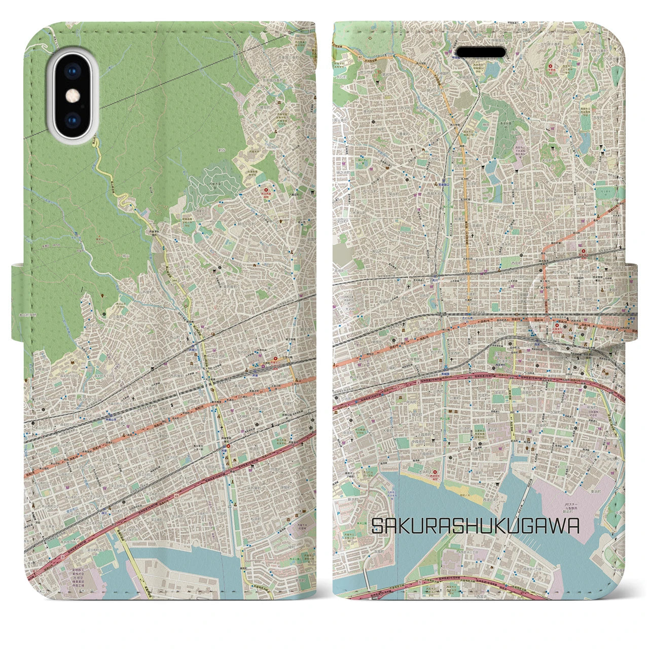 【さくら夙川】地図柄iPhoneケース（手帳両面タイプ・ナチュラル）iPhone XS Max 用