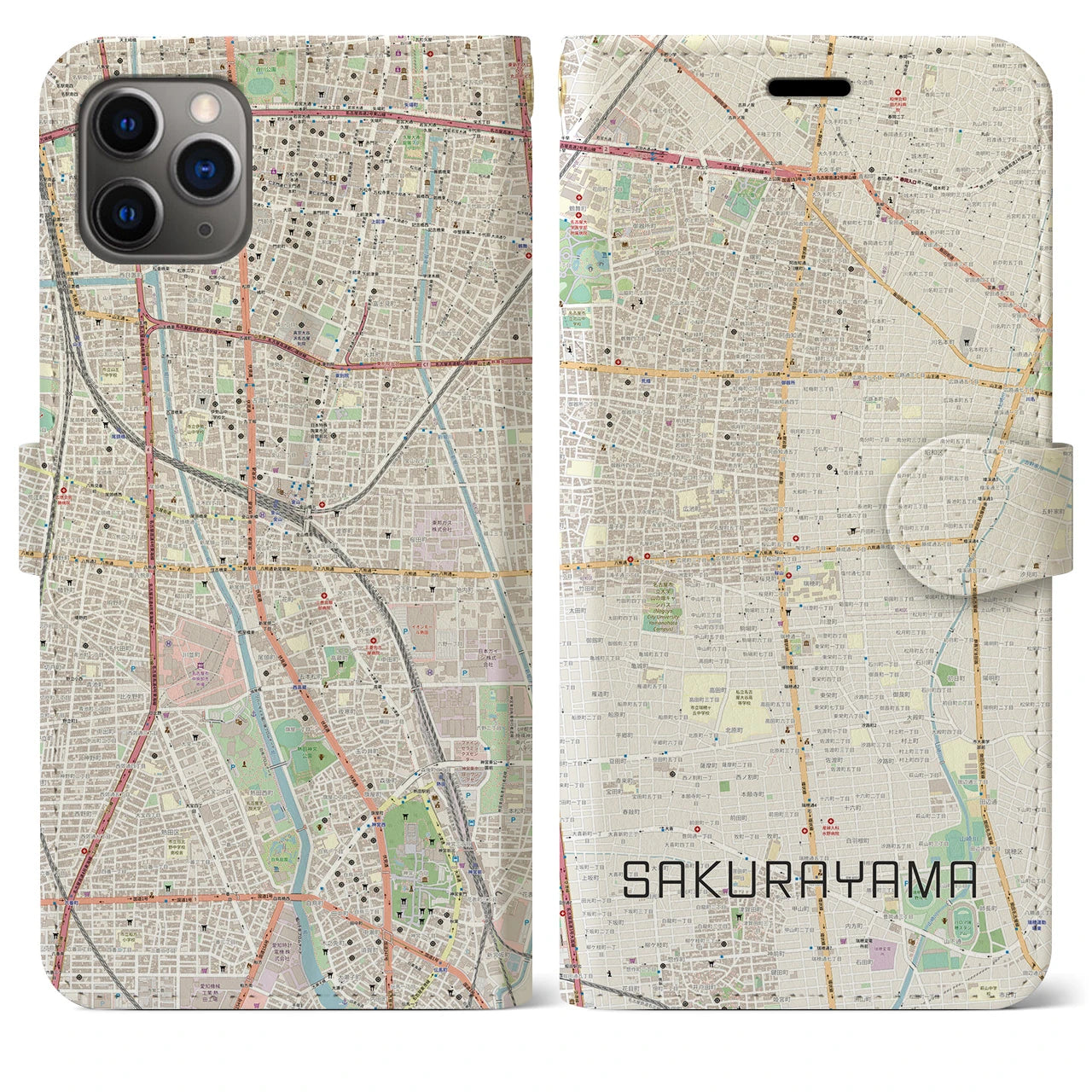 【桜山】地図柄iPhoneケース（手帳両面タイプ・ナチュラル）iPhone 11 Pro Max 用