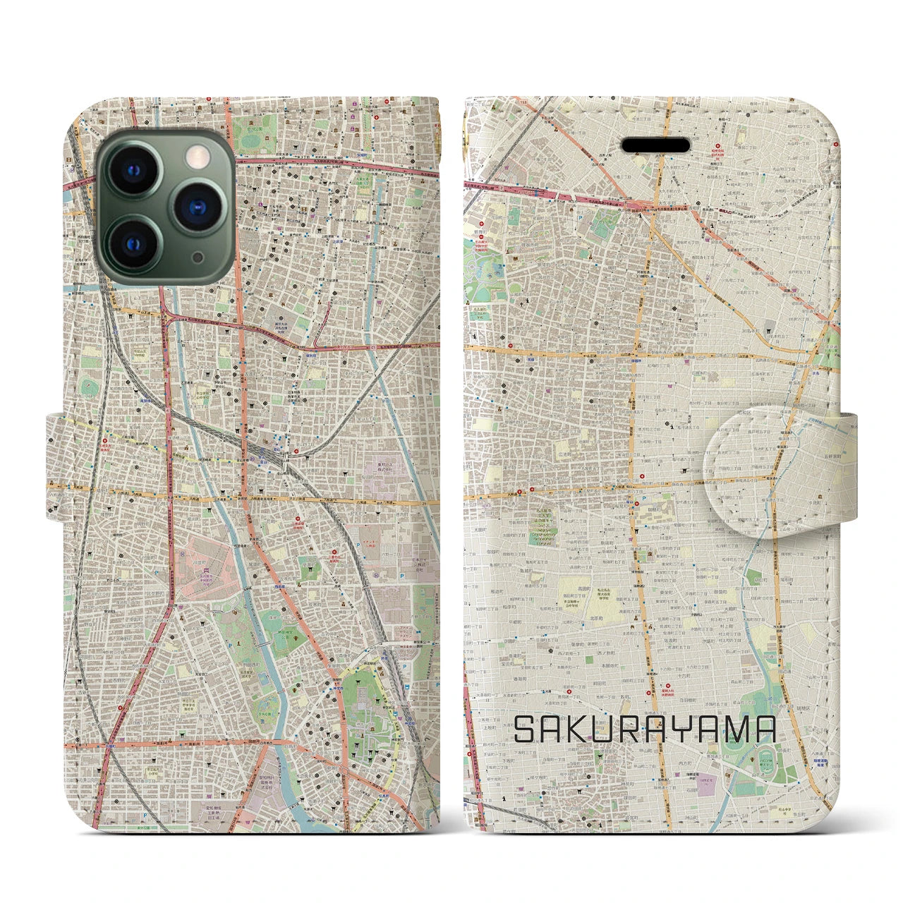 【桜山】地図柄iPhoneケース（手帳両面タイプ・ナチュラル）iPhone 11 Pro 用