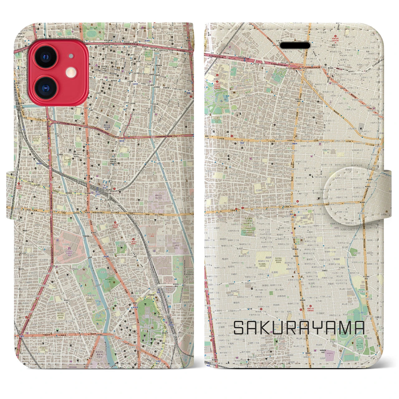 【桜山】地図柄iPhoneケース（手帳両面タイプ・ナチュラル）iPhone 11 用