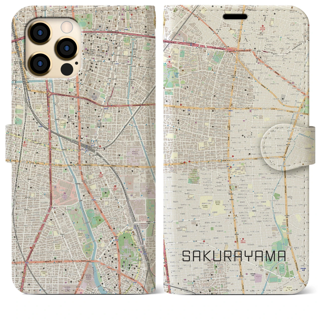 【桜山】地図柄iPhoneケース（手帳両面タイプ・ナチュラル）iPhone 12 Pro Max 用