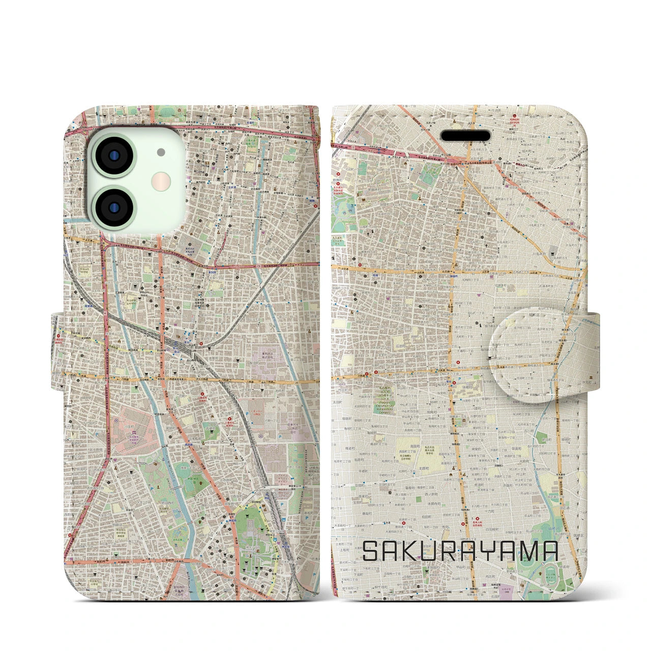 【桜山】地図柄iPhoneケース（手帳両面タイプ・ナチュラル）iPhone 12 mini 用