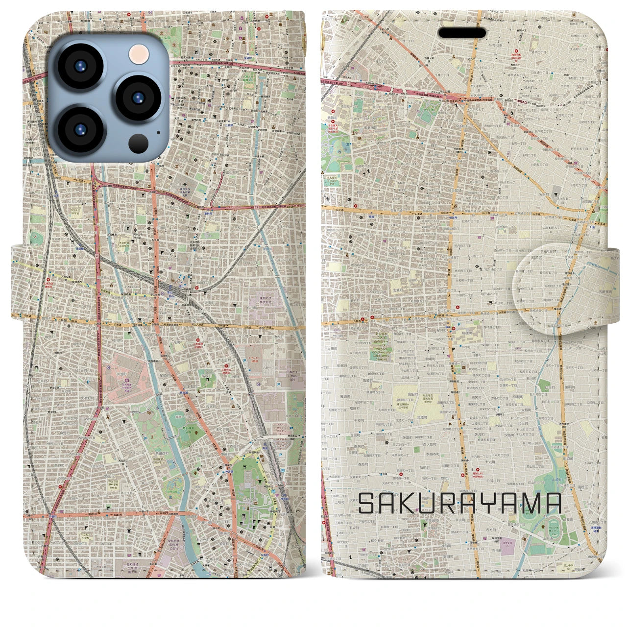 【桜山】地図柄iPhoneケース（手帳両面タイプ・ナチュラル）iPhone 13 Pro Max 用