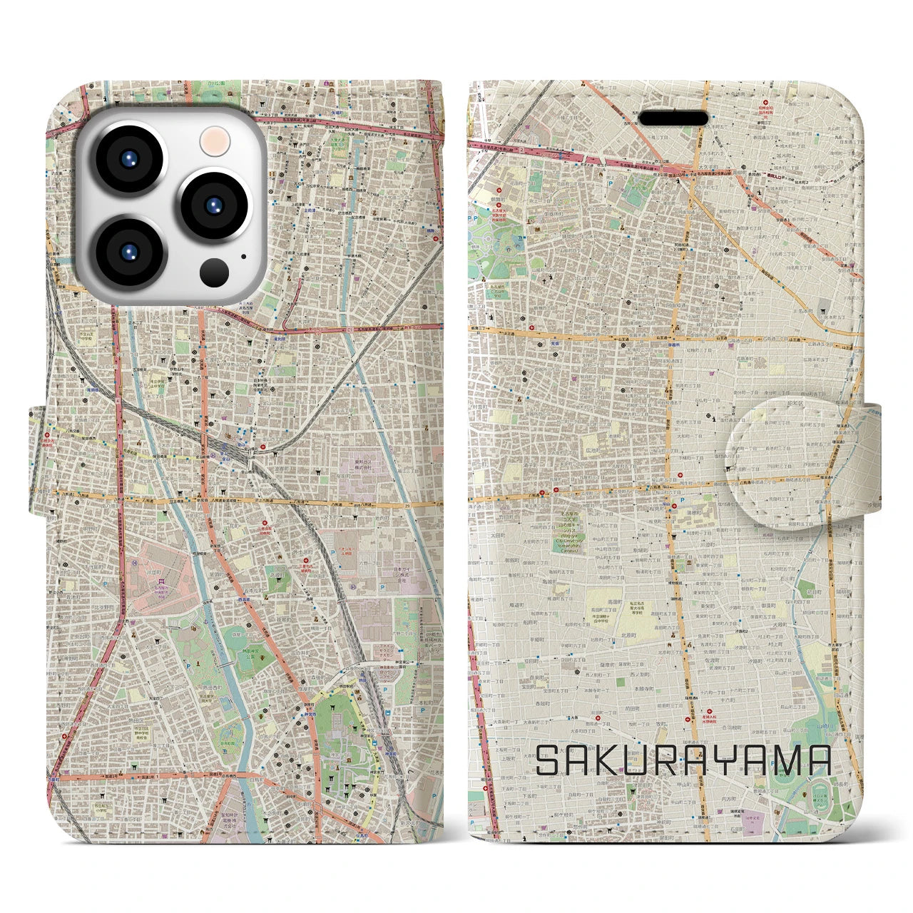 【桜山】地図柄iPhoneケース（手帳両面タイプ・ナチュラル）iPhone 13 Pro 用