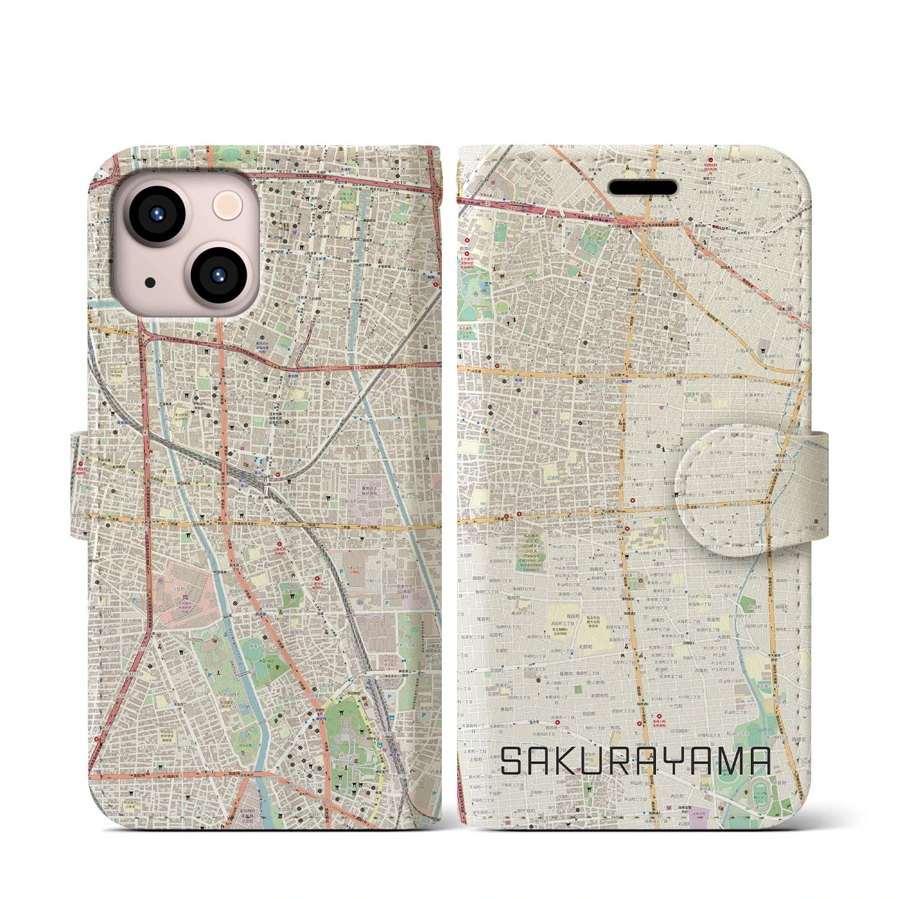 【桜山】地図柄iPhoneケース（手帳両面タイプ・ナチュラル）iPhone 13 mini 用