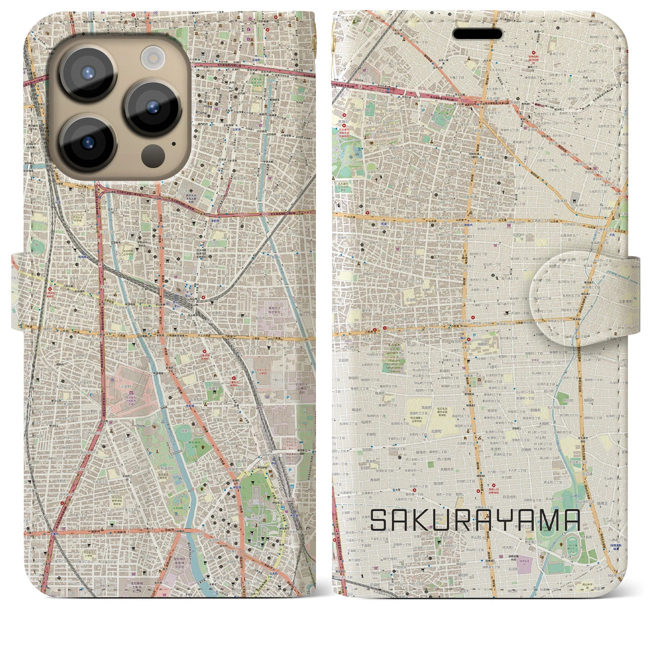 【桜山】地図柄iPhoneケース（手帳両面タイプ・ナチュラル）iPhone 14 Pro Max 用