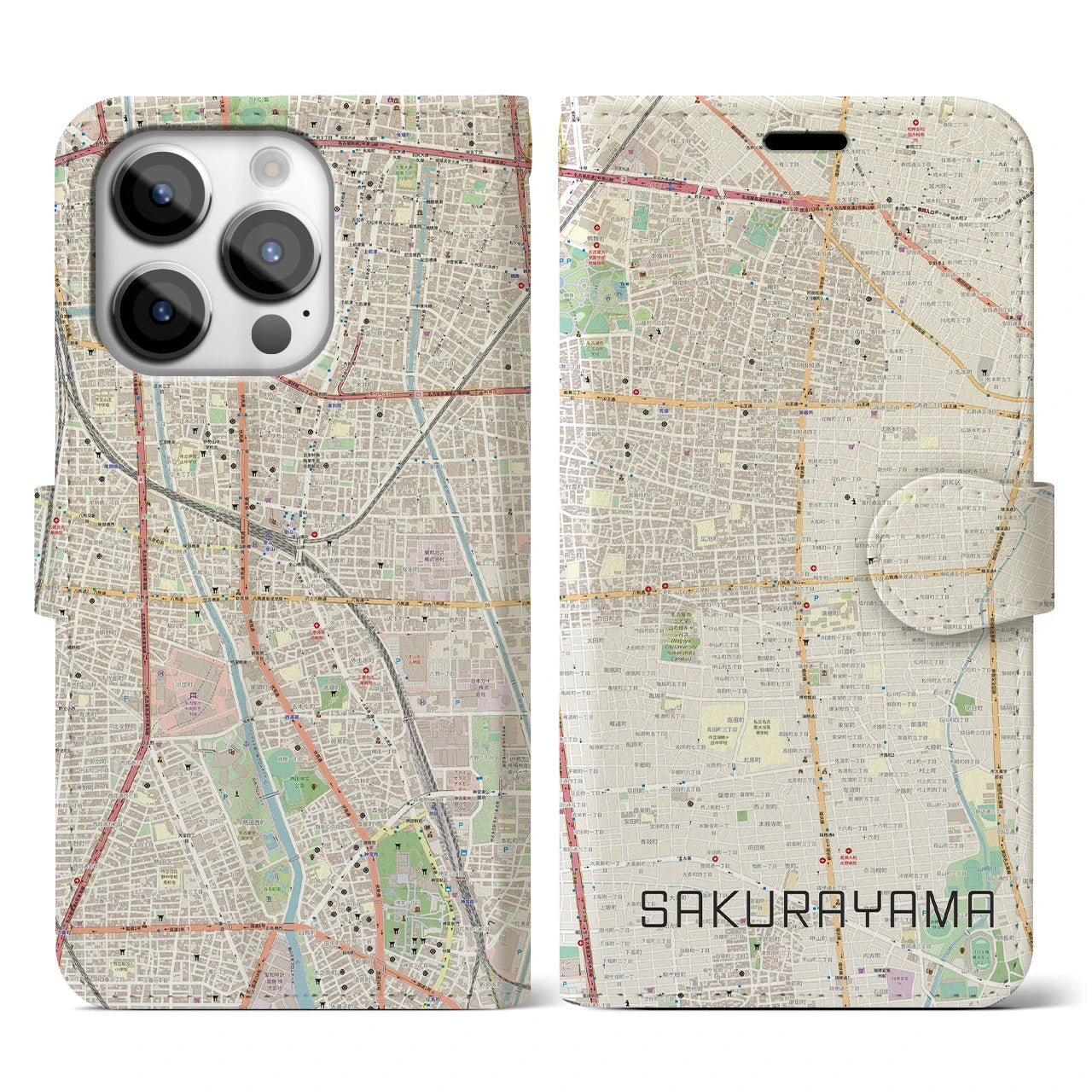 【桜山】地図柄iPhoneケース（手帳両面タイプ・ナチュラル）iPhone 14 Pro 用