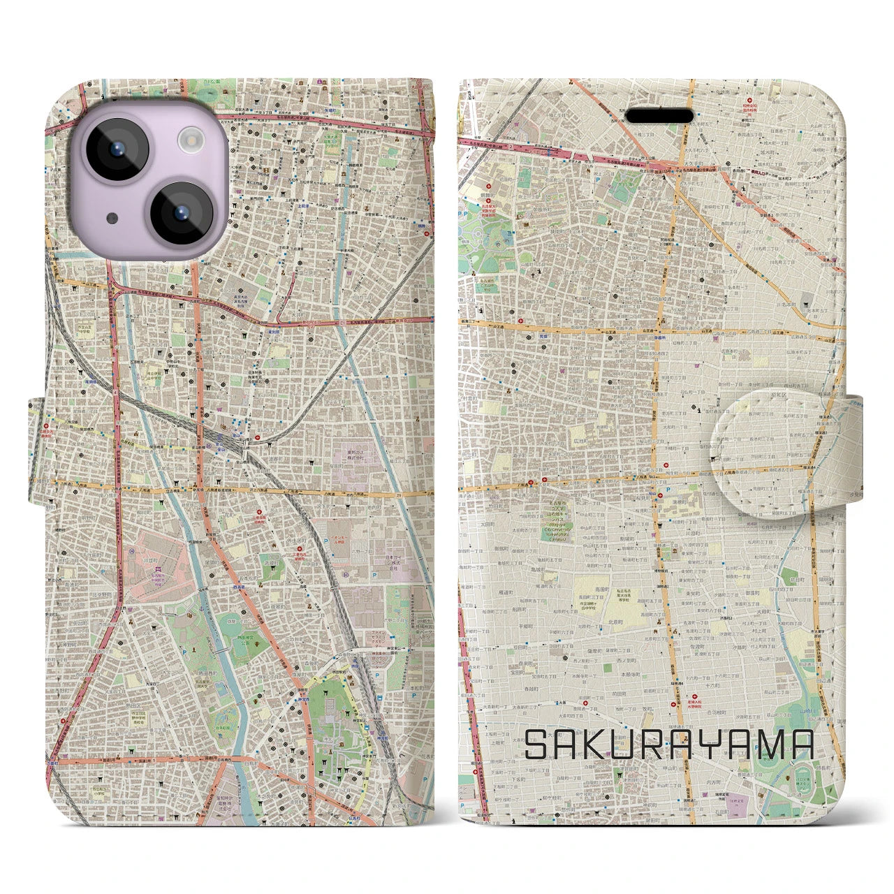 【桜山】地図柄iPhoneケース（手帳両面タイプ・ナチュラル）iPhone 14 用