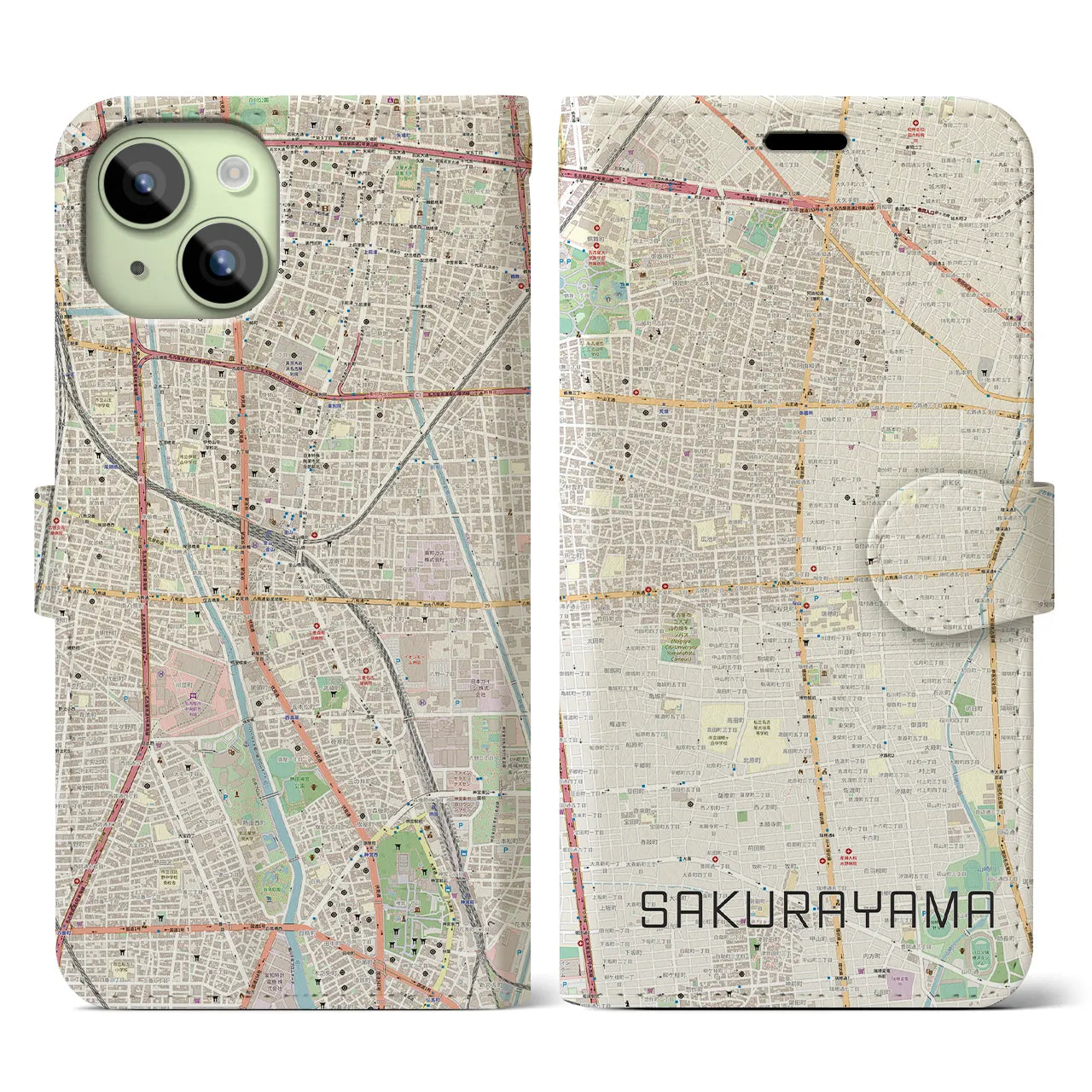 【桜山】地図柄iPhoneケース（手帳両面タイプ・ナチュラル）iPhone 15 用