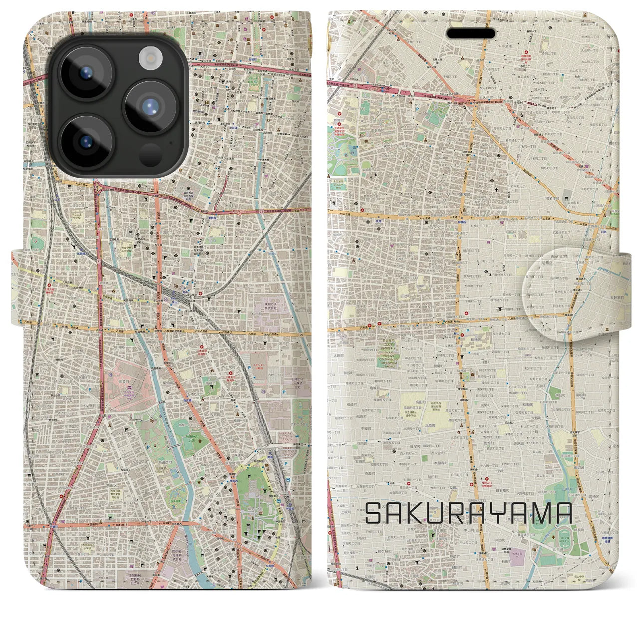 【桜山】地図柄iPhoneケース（手帳両面タイプ・ナチュラル）iPhone 15 Pro Max 用