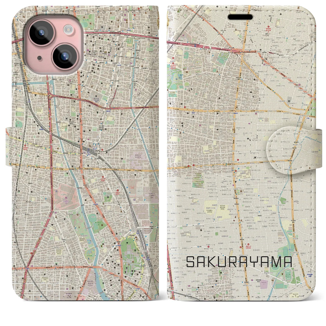 【桜山】地図柄iPhoneケース（手帳両面タイプ・ナチュラル）iPhone 15 Plus 用