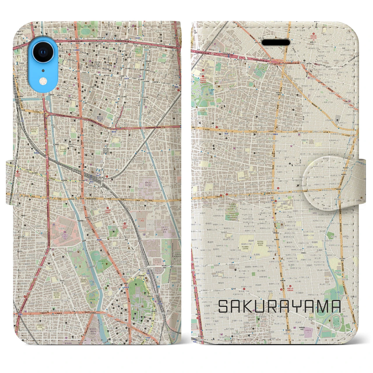 【桜山】地図柄iPhoneケース（手帳両面タイプ・ナチュラル）iPhone XR 用