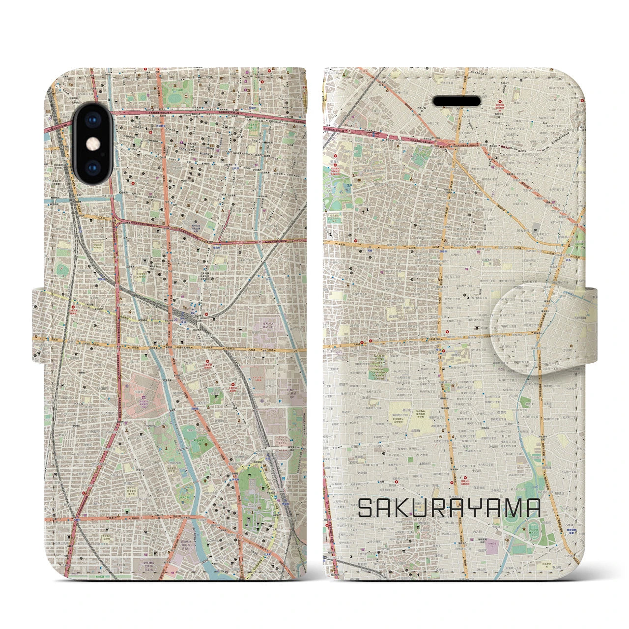 【桜山】地図柄iPhoneケース（手帳両面タイプ・ナチュラル）iPhone XS / X 用