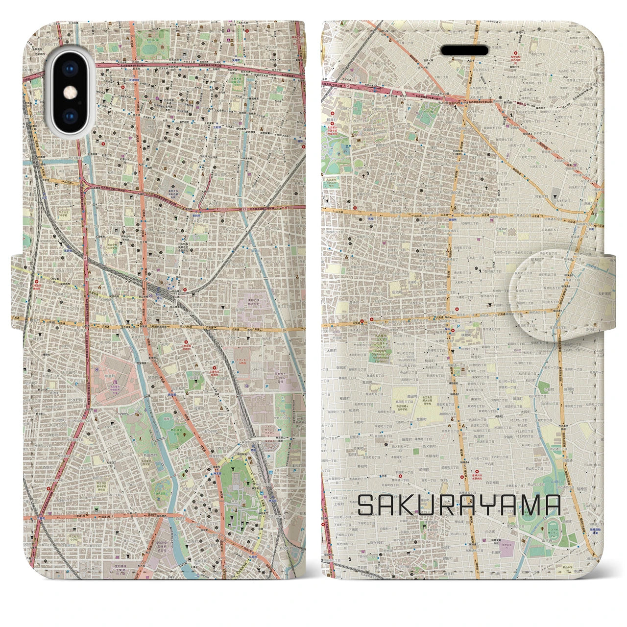 【桜山】地図柄iPhoneケース（手帳両面タイプ・ナチュラル）iPhone XS Max 用