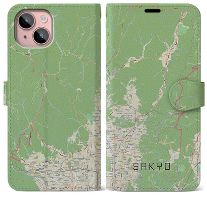 【左京（京都府）】地図柄iPhoneケース（手帳タイプ）ナチュラル・iPhone 15 Plus 用