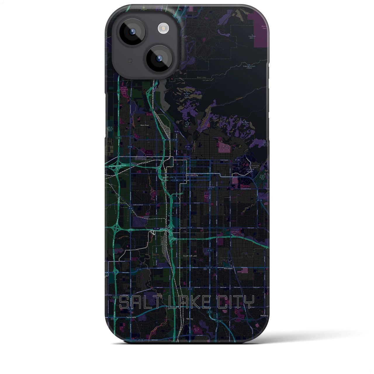 【ソルトレイクシティ】地図柄iPhoneケース（バックカバータイプ・ブラック）iPhone 14 Plus 用