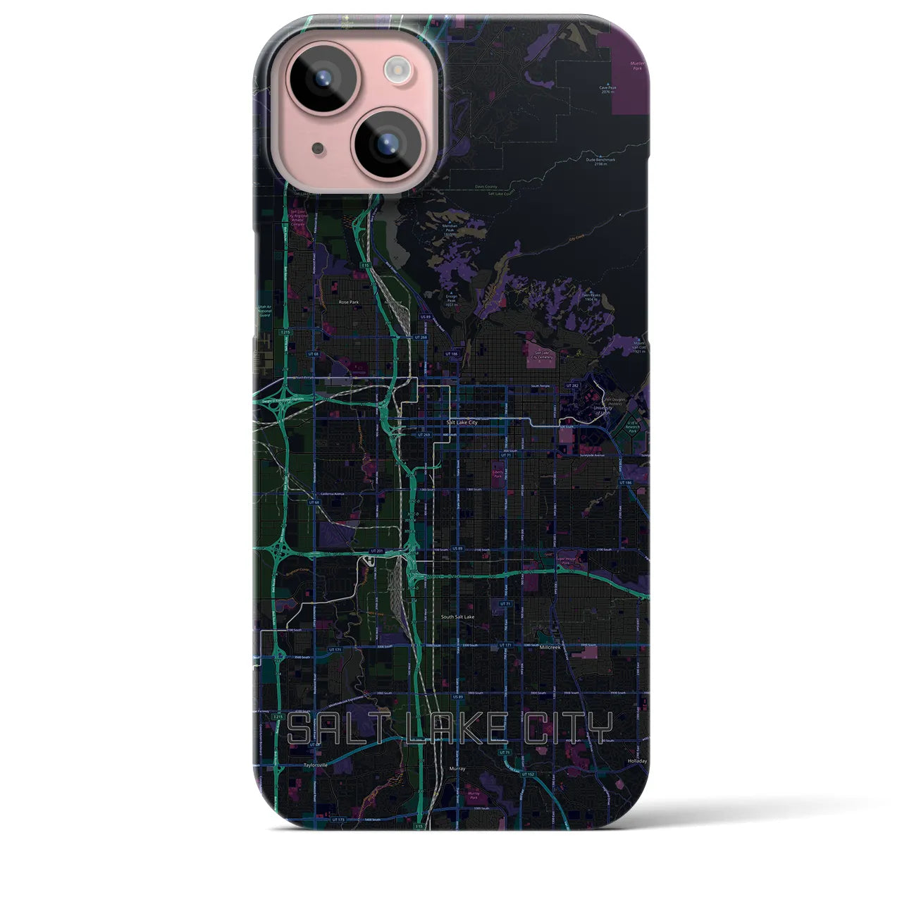 【ソルトレイクシティ】地図柄iPhoneケース（バックカバータイプ・ブラック）iPhone 15 Plus 用
