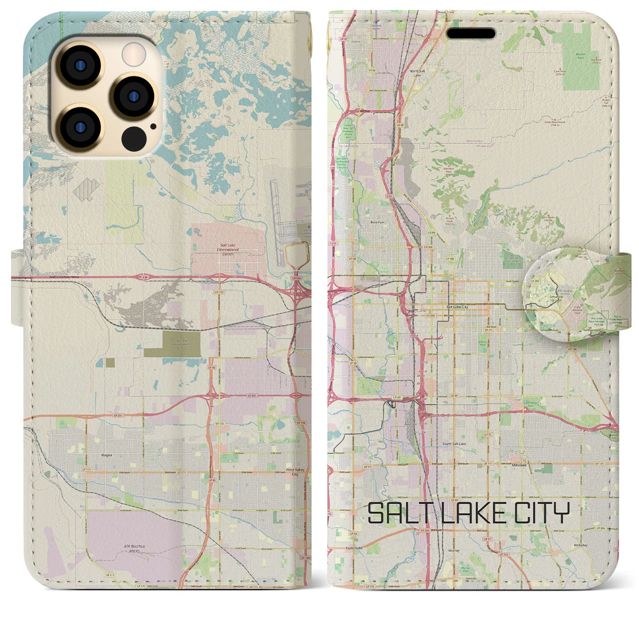 【ソルトレイクシティ】地図柄iPhoneケース（手帳両面タイプ・ナチュラル）iPhone 12 Pro Max 用