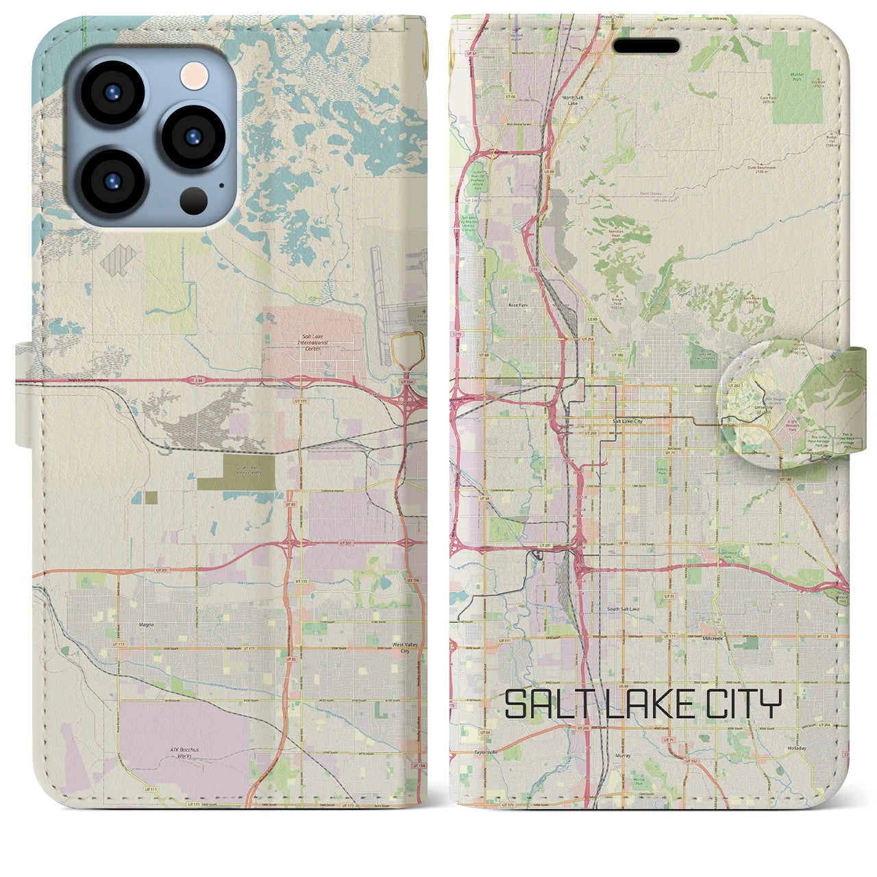 【ソルトレイクシティ】地図柄iPhoneケース（手帳両面タイプ・ナチュラル）iPhone 13 Pro Max 用